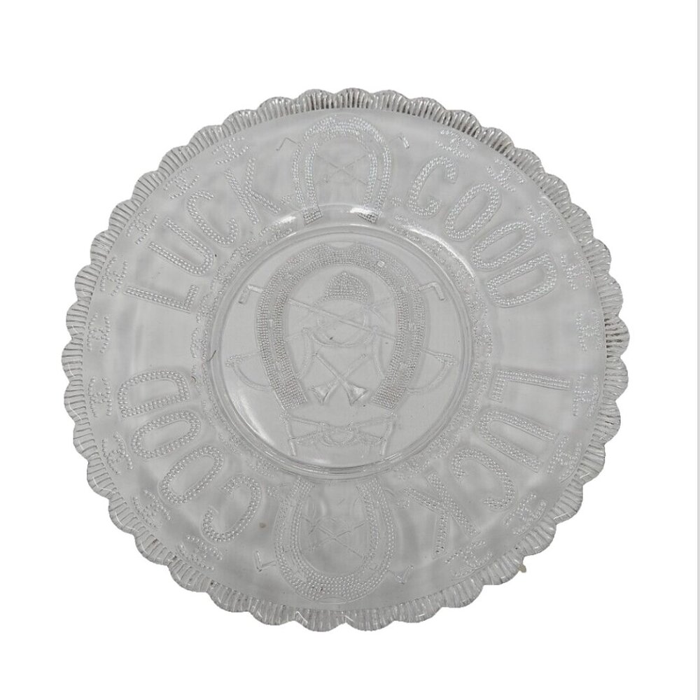 Exceptional Antique EAPG Good Luck Horseshoe Equestrian Fox Hunt Glass Plate WOW